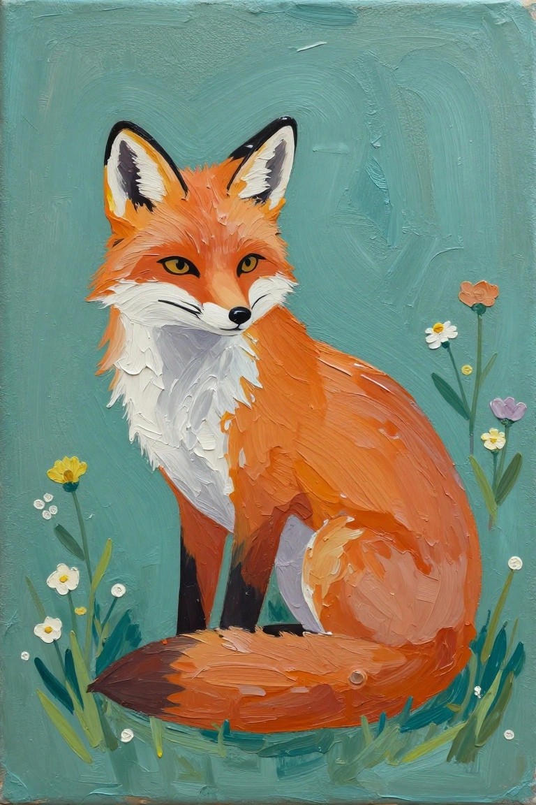 Vibrant oil painting of seated orange fox amid wildflowers on teal background