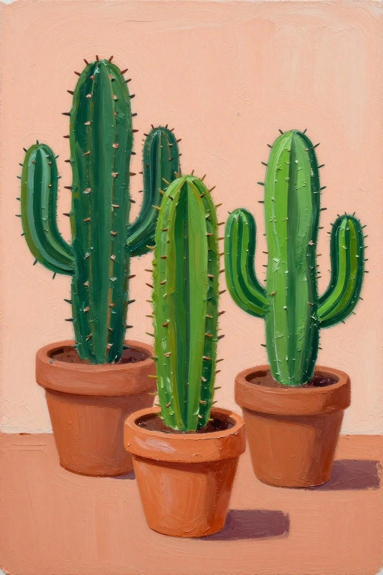 Green cacti with spines in terracotta pots against a peach background, painterly style.