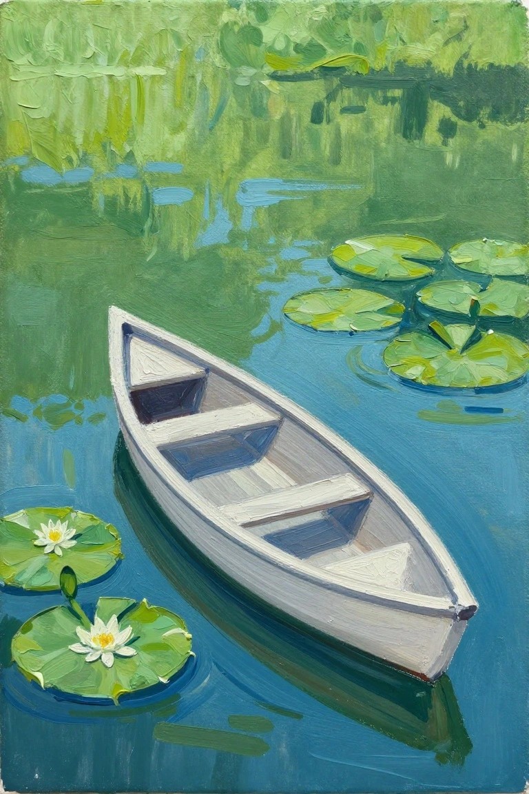 White rowboat on blue water amid green lily pads with white flowers
