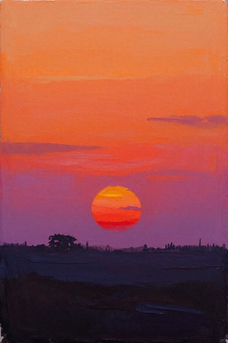 Large orange sun in gradient orange-purple sky above dark landscape