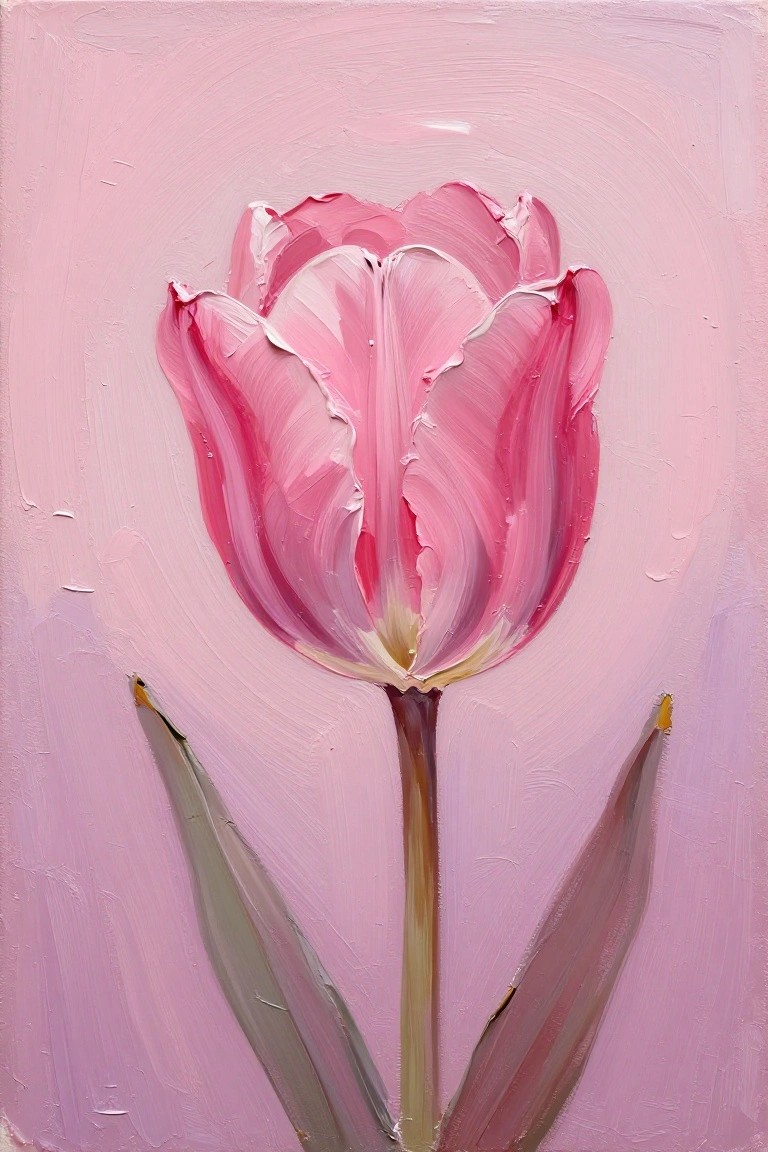 Pink tulip with thick brushstrokes on a soft pink background