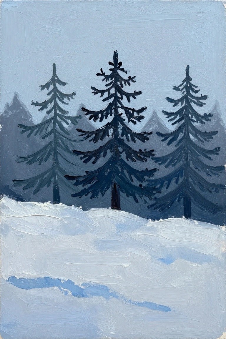 Snowy landscape with three dark pine trees and blue mountains in background.