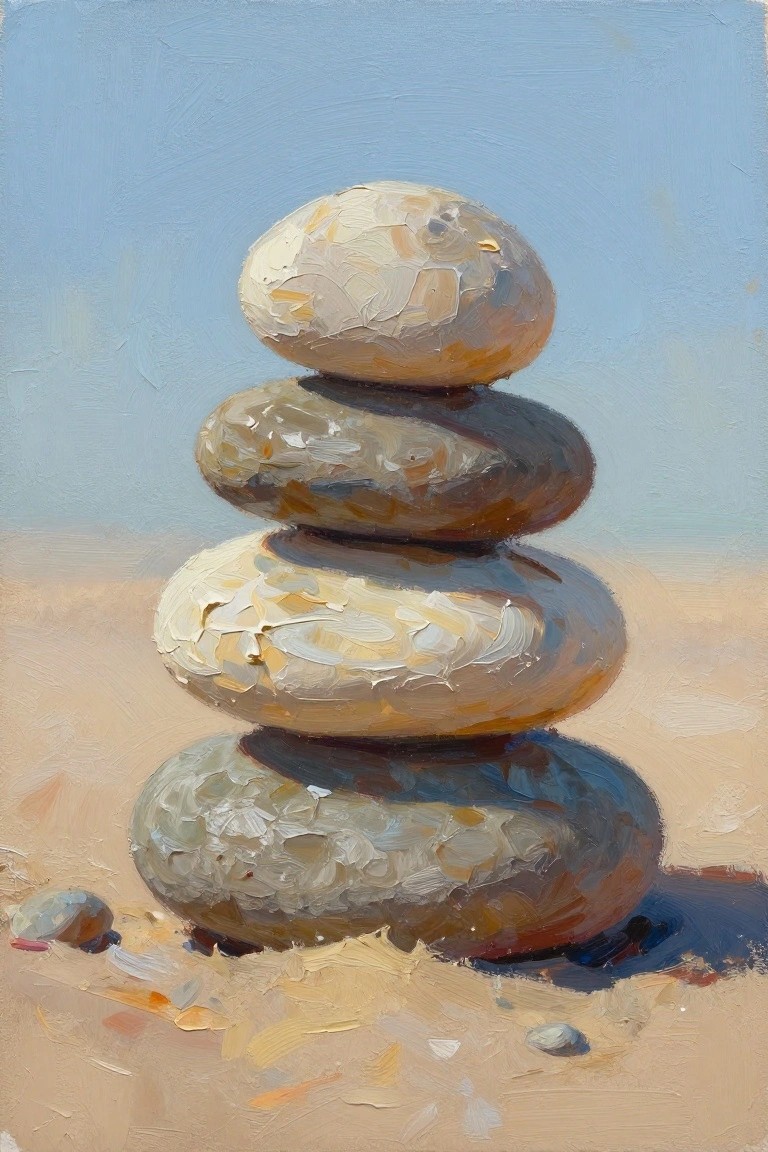 Impressionistic oil painting of four stacked stones on sandy ground under blue sky