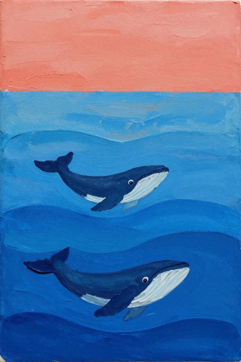 Two blue whales swimming in wavy ocean under textured pink sky