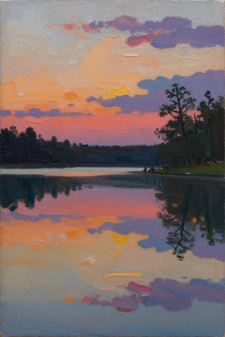 Vibrant sunset painting with colorful clouds reflected in calm lake and silhouetted trees.
