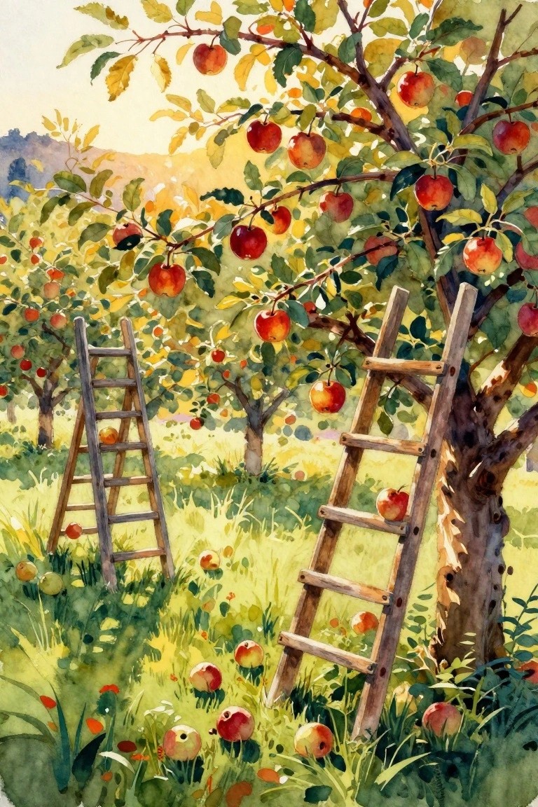 Watercolor orchard scene with red apple trees, fallen fruit, and leaning wooden ladders