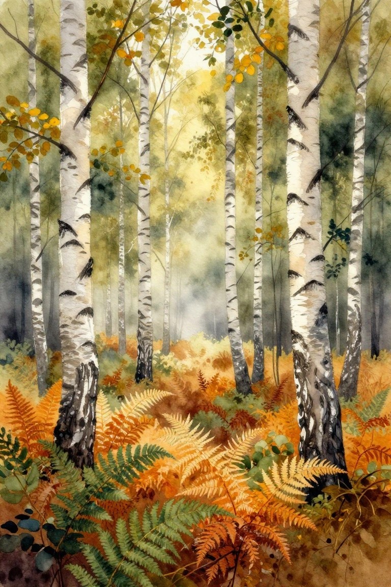 Watercolor of misty birch forest with white trunks and vibrant orange ferns