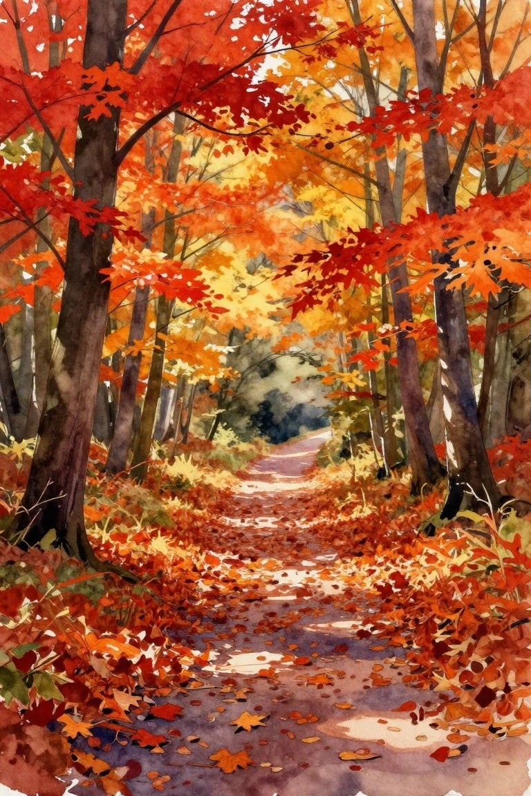Winding leaf-strewn path through autumn forest with vibrant red and orange foliage, watercolor style