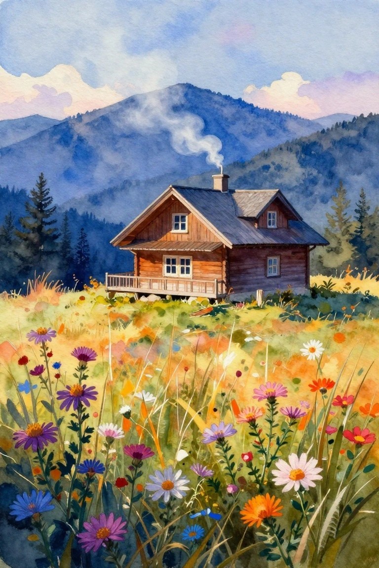 Watercolor of wooden cabin with smoking chimney amid colorful wildflowers and misty mountains