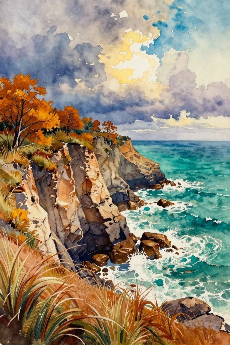 A watercolor painting of orange autumn trees on rocky cliffs above turquoise ocean waves with a dramatic cloudy sky.