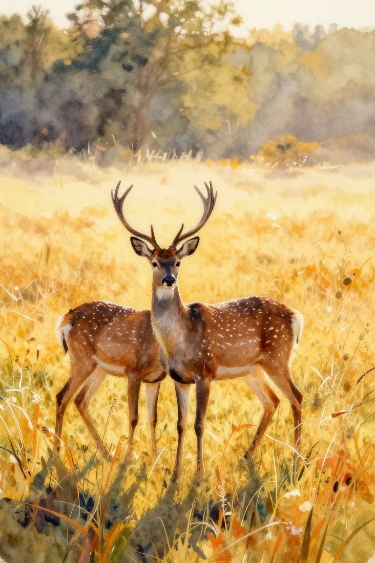Two deer stand in a sunlit golden meadow with tall grass and trees beyond