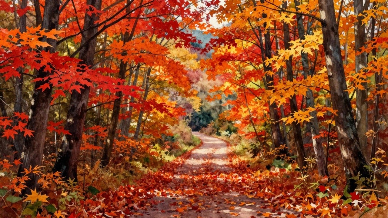 Winding leaf-strewn path through autumn forest with vibrant red and orange foliage, watercolor style