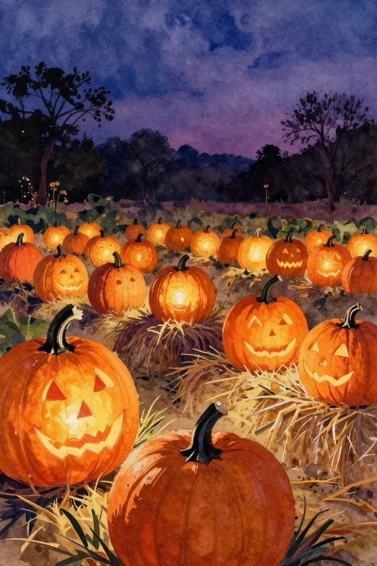 Glowing jack-o'-lanterns scattered across a hay-filled pumpkin patch at dusk
