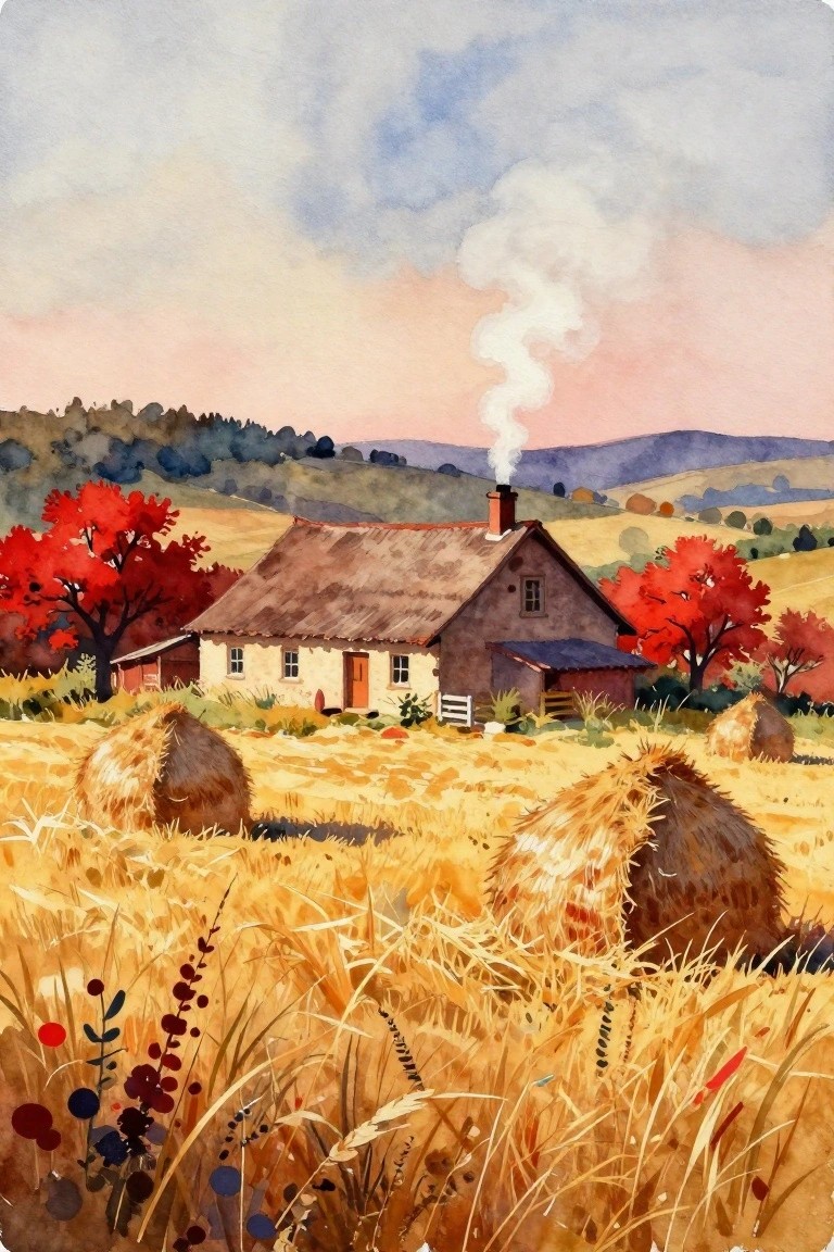 Watercolor landscape of thatched cottage with smoking chimney amid hay bales and red trees.