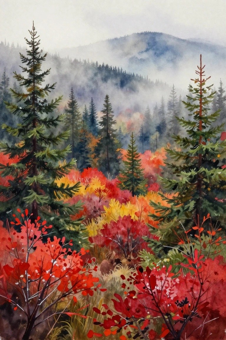 Watercolor painting of misty autumn forest with red-orange foliage and evergreen pines