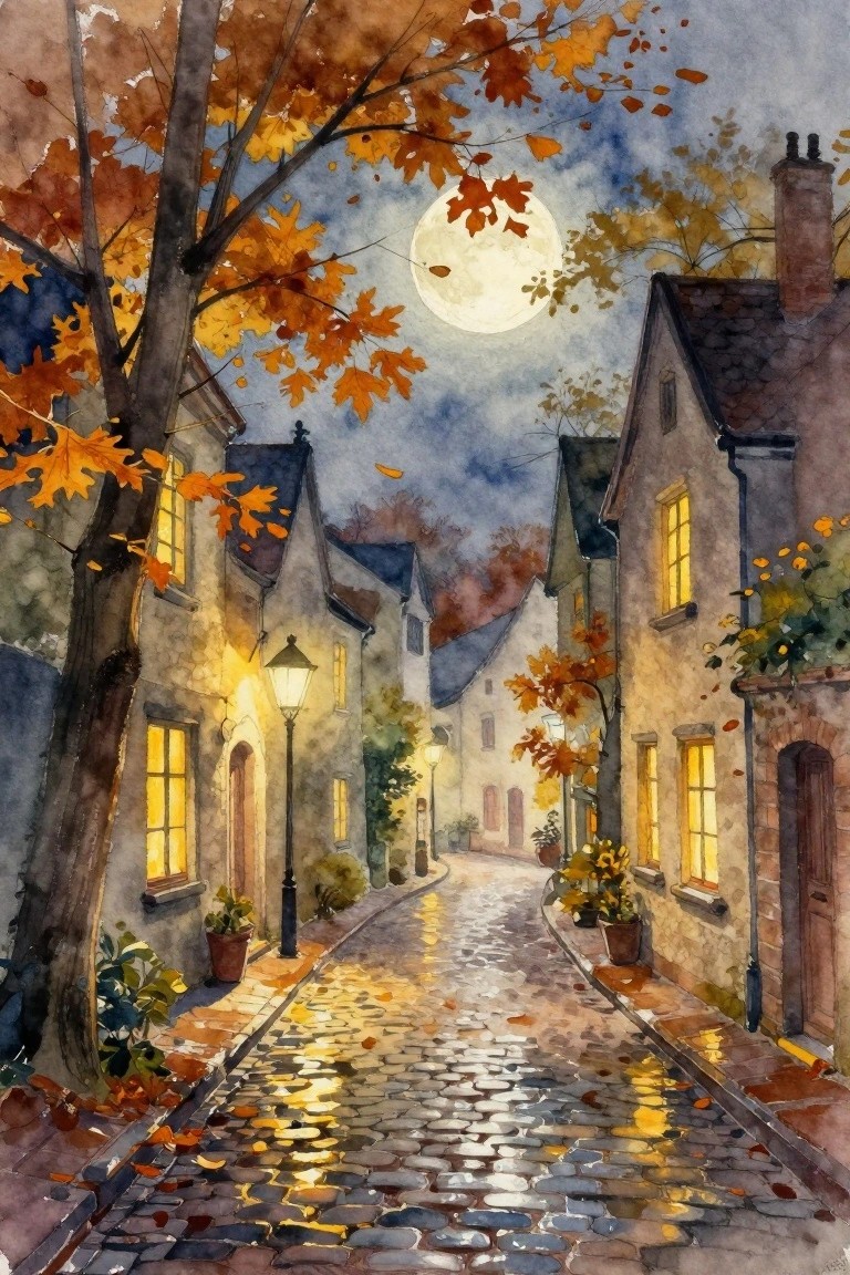 Watercolor of moonlit cobblestone street with autumn trees, glowing windows, and falling leaves.