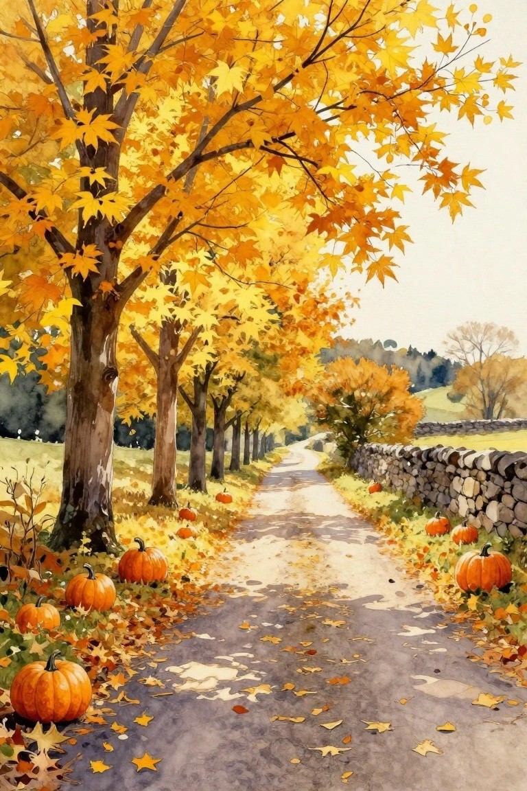 Watercolor of autumn path lined with golden trees and scattered orange pumpkins