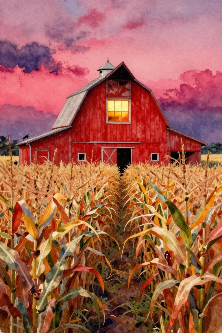 Red barn with glowing window in cornfield under vibrant pink-purple sky