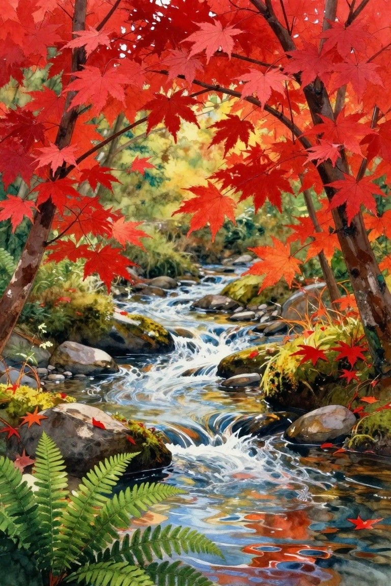 Red maple leaves frame a rocky autumn stream with flowing water and ferns.