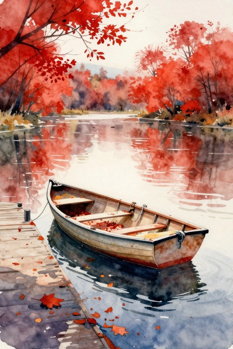 A watercolor painting of a small rowboat tied to a wooden dock on a lake surrounded by red autumn trees with reflections in the water.