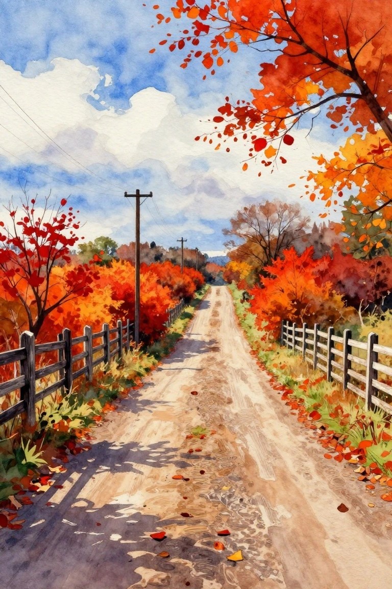 A watercolor painting of a dirt road leading into the distance, flanked by wooden fences and trees with bright red and orange autumn leaves under a blue sky.