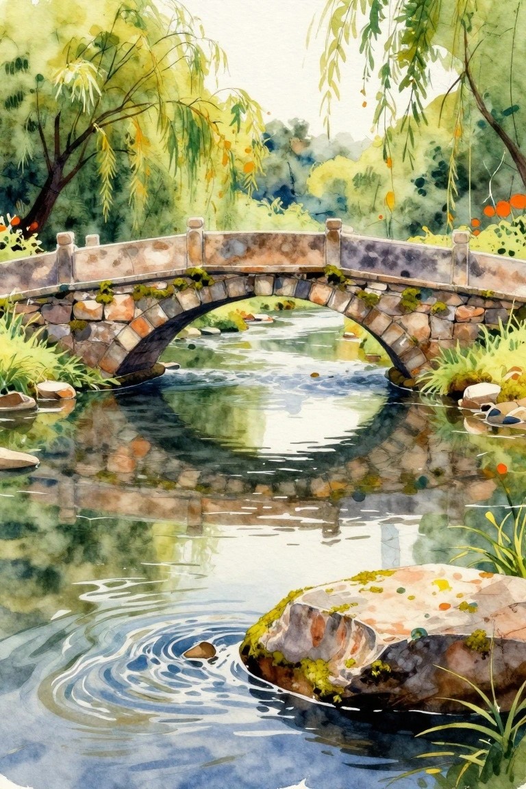 A watercolor painting of a stone bridge arching over a stream with trees, rocks, and reflections in the water.