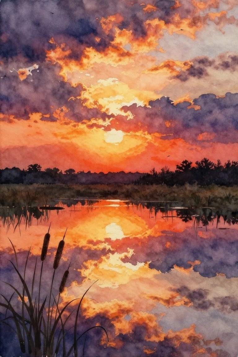 A watercolor painting of an orange and purple sunset reflected in water with cattails in the foreground and distant trees on the horizon.