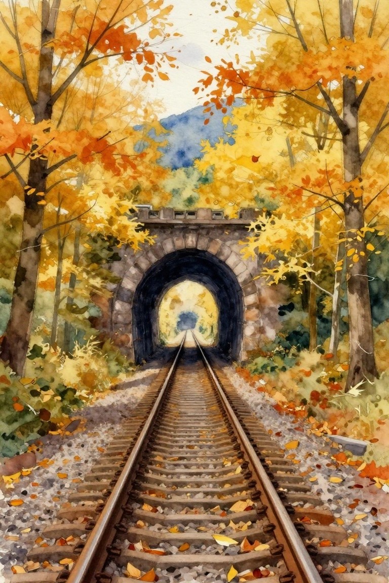 Railway tracks lead into stone tunnel amid vibrant autumn trees and fallen leaves
