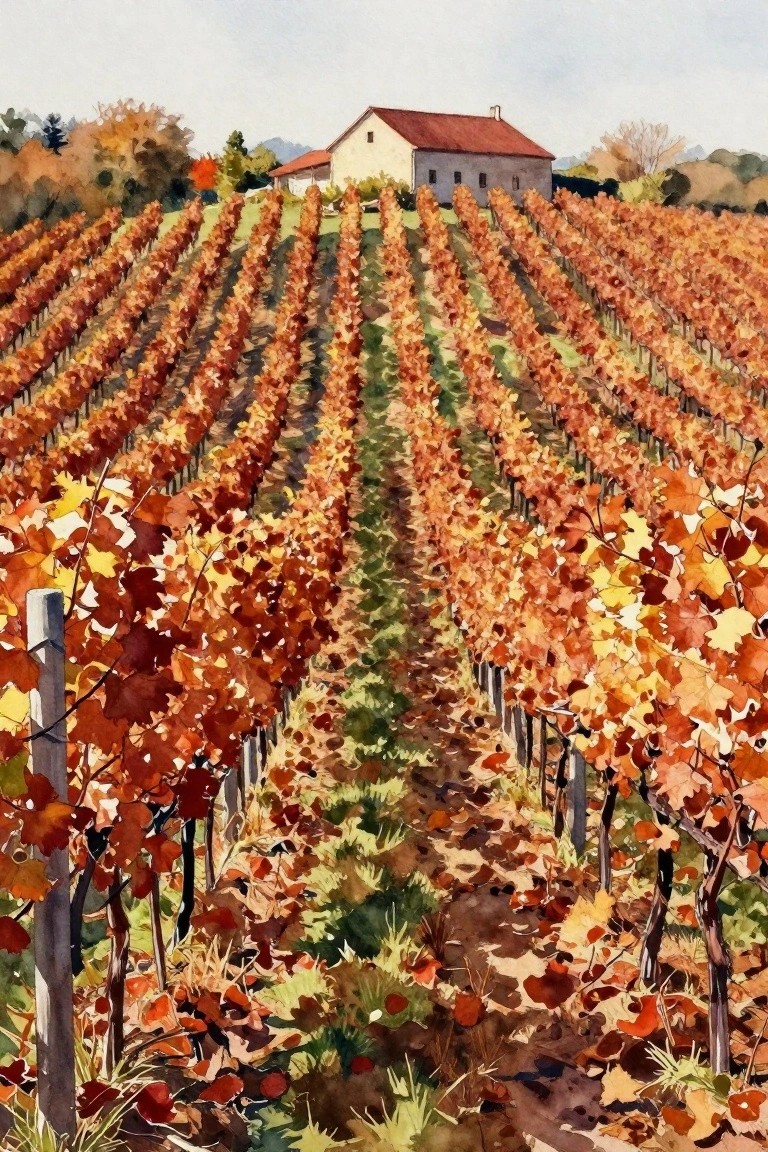 Autumn vineyard rows with red-orange foliage leading to red-roofed house in watercolor.
