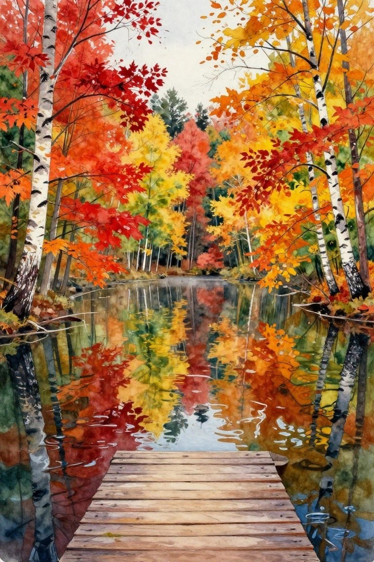 Autumn forest with red-orange trees reflected in still water beside wooden dock.