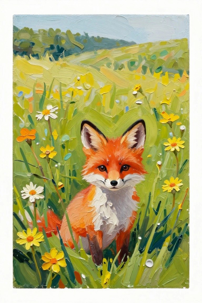 Oil painting of red fox sitting amid yellow flowers in green meadow