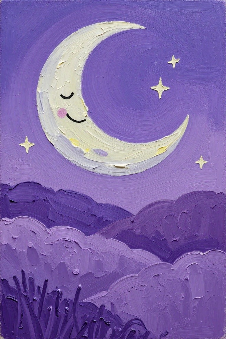 Smiling crescent moon with face amid stars over purple clouds and hills