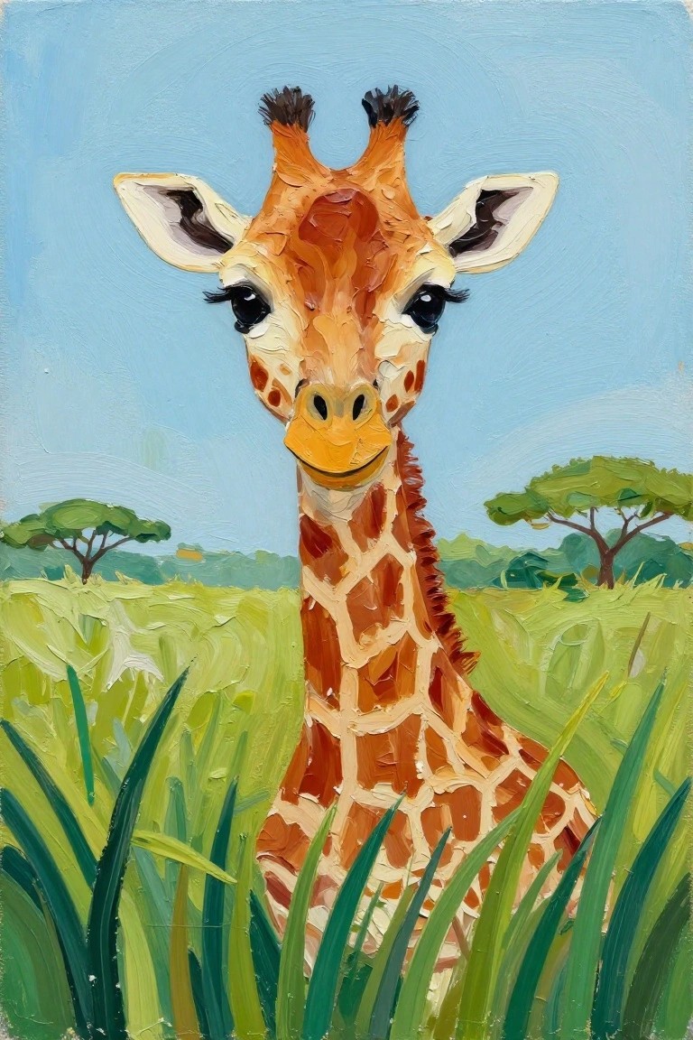Impasto painting of a giraffe with big eyes amid tall green savanna grass.