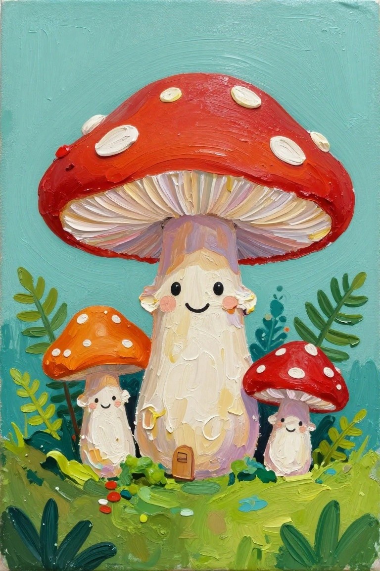 Thickly painted mushrooms with smiling faces standing in a vibrant green field