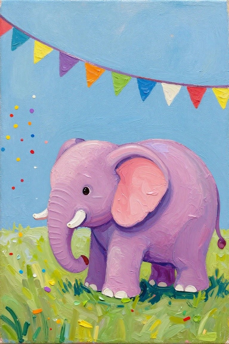 Purple elephant stands on grass under colorful bunting flags with confetti in a painting.