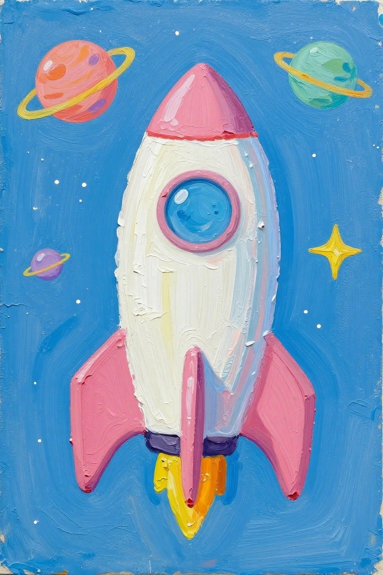 Colorful painted rocket launching through blue space with planets, stars, and flames.