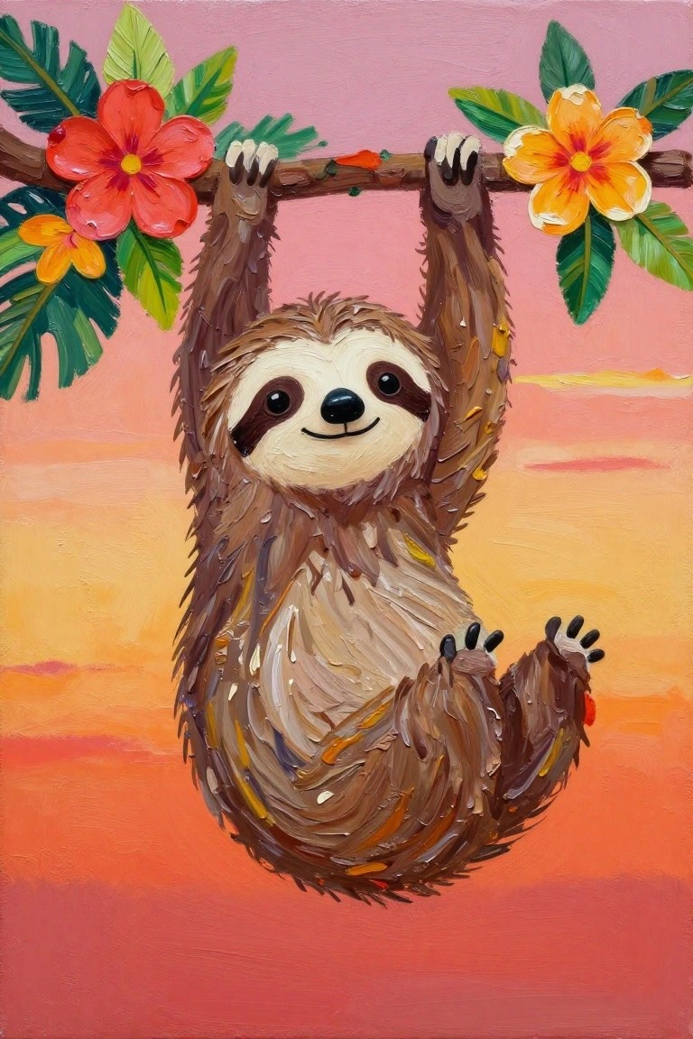 Smiling sloth dangling from branch with red and yellow flowers at sunset
