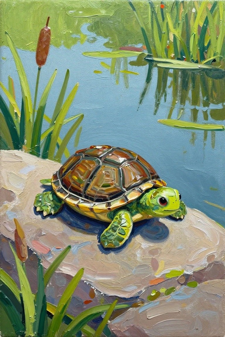 A colorful acrylic painting of a green turtle with a brown shell sitting on a rock beside a blue pond with green reeds and lily pads.
