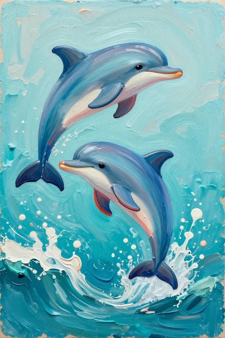 Oil painting of two blue dolphins leaping through splashing turquoise waves.