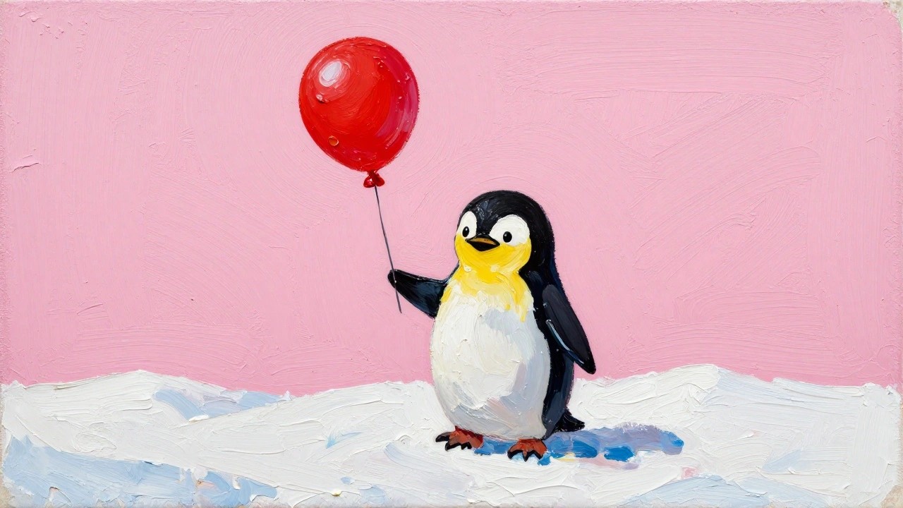Penguin holding red balloon on snow against pink painted background with brushstrokes
