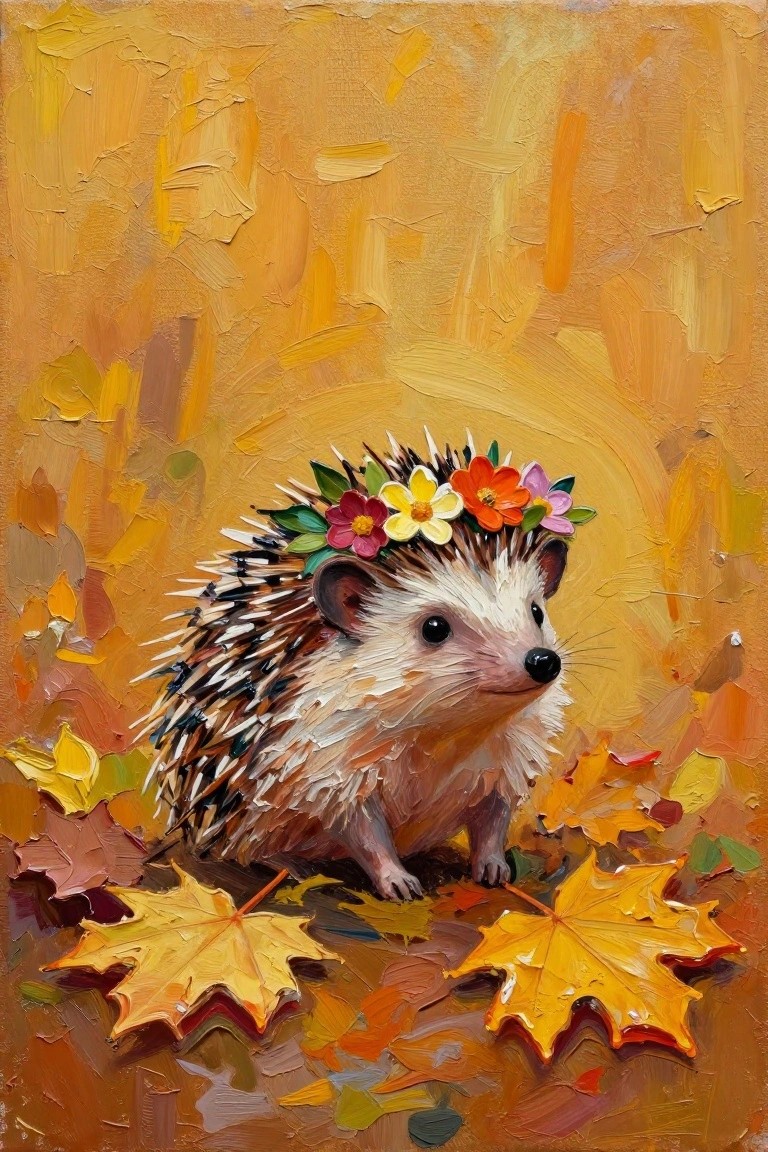 An acrylic painting of a hedgehog wearing a flower crown standing among yellow autumn leaves against a textured orange background.