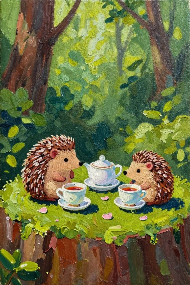Two brown hedgehogs sit facing each other across a white teapot and cups on a green tree stump in a forest.