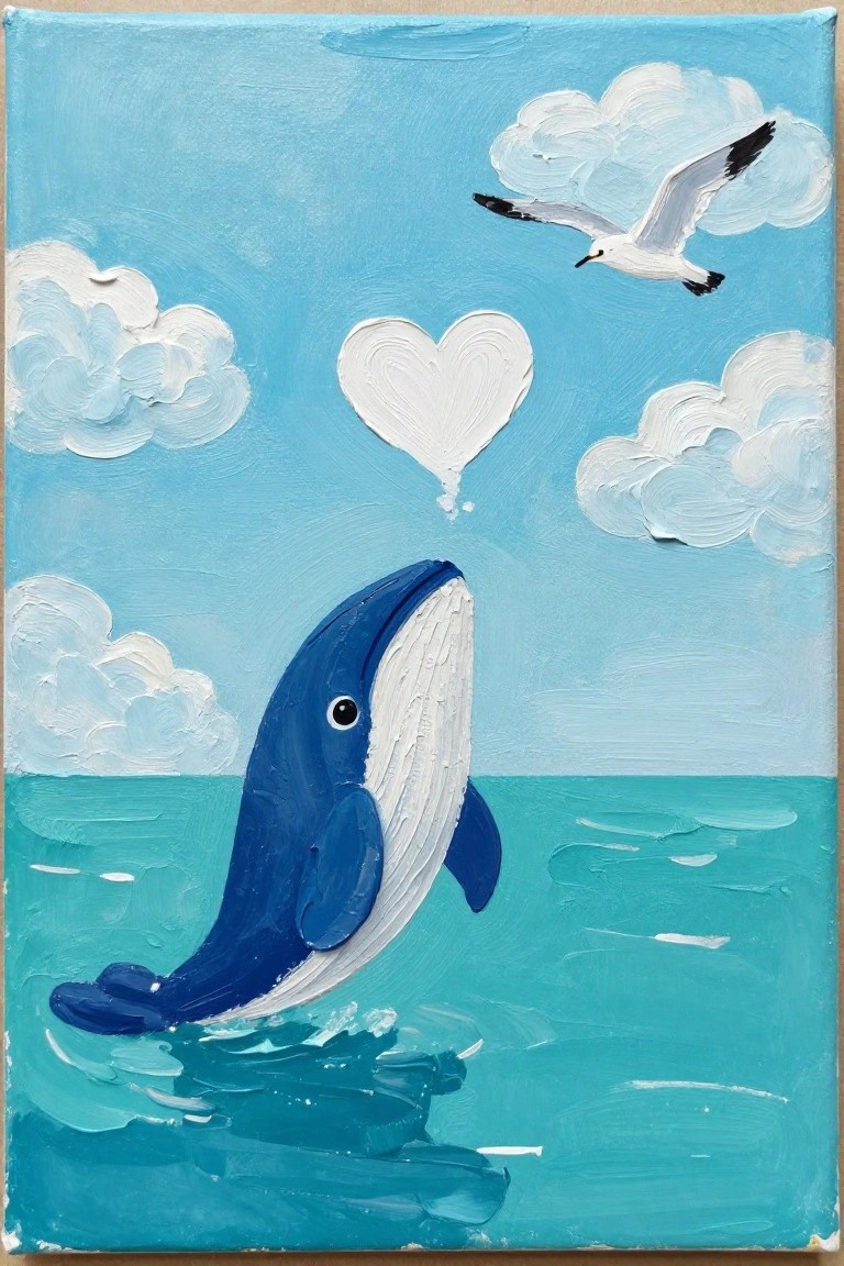 Blue whale breaching turquoise sea toward white heart, seagull soaring in cloudy sky.