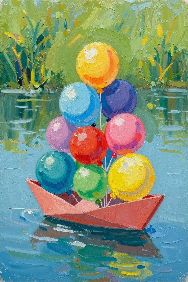 Colorful balloons fill a pink paper boat floating on calm blue water with green reeds.