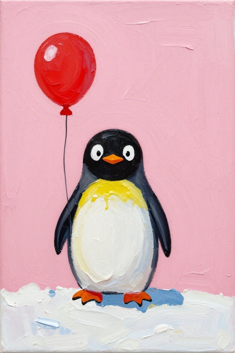 Penguin holding red balloon on snow against pink painted background with brushstrokes