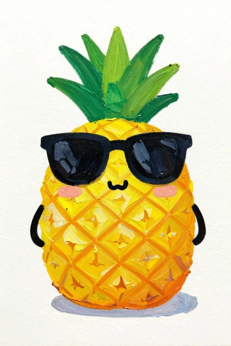Colorful painting of cute pineapple wearing sunglasses with green crown and pink cheeks