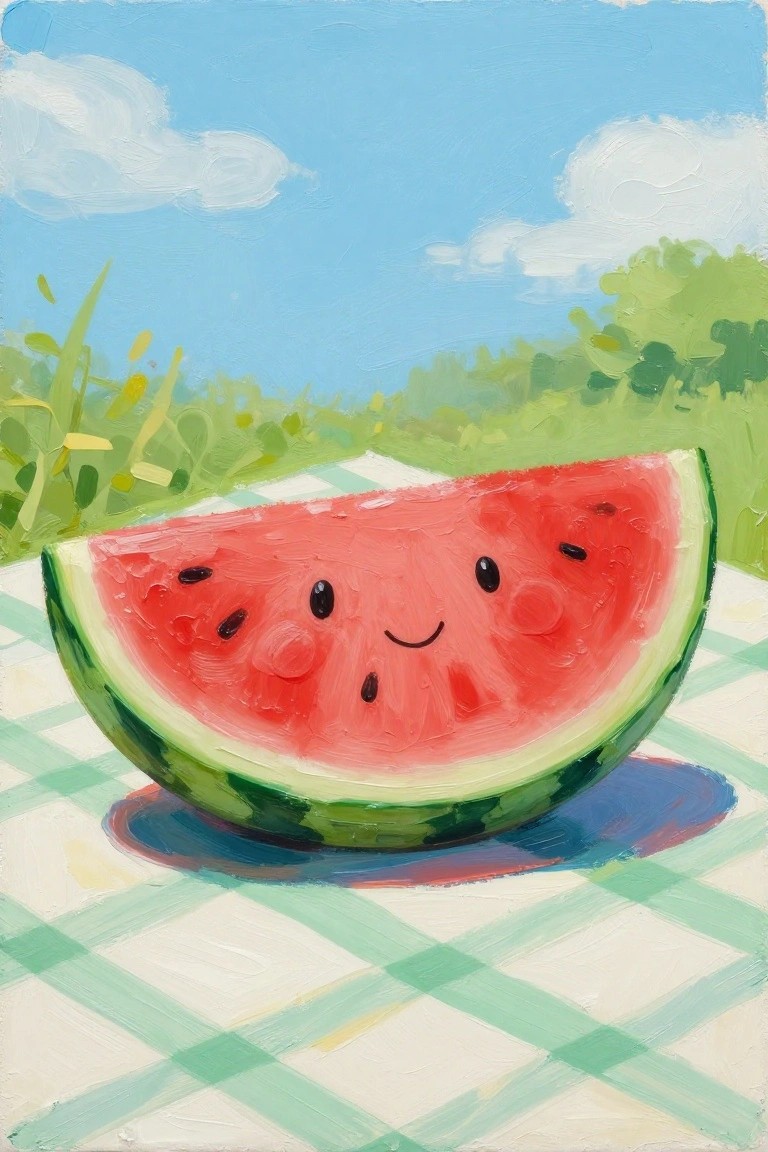 Cute smiling watermelon slice with face on green checkered picnic blanket outdoors.