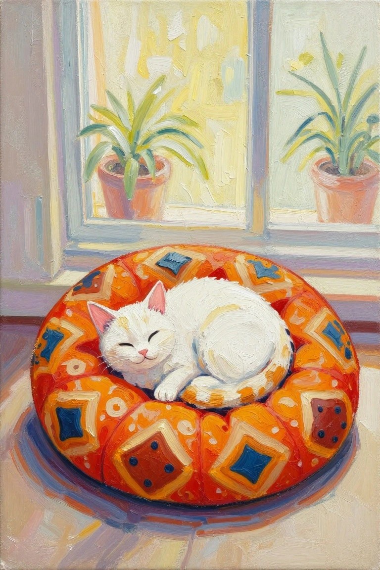 White cat sleeping in vibrant orange patterned pet bed by window with potted plants.