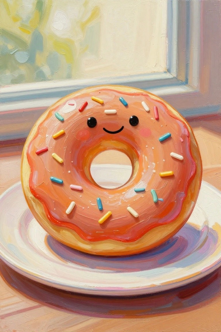 Smiling orange-glazed donut with sprinkles on plate by window, oil painting style.
