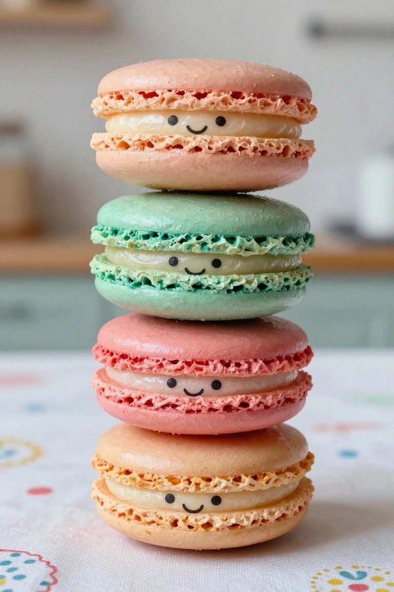 Stacked pastel macarons with cute smiling faces in peach, green, and pink.